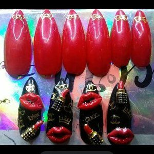 Handmade Hard Gel Long Stiletto "Designer Logo" Press On Nails